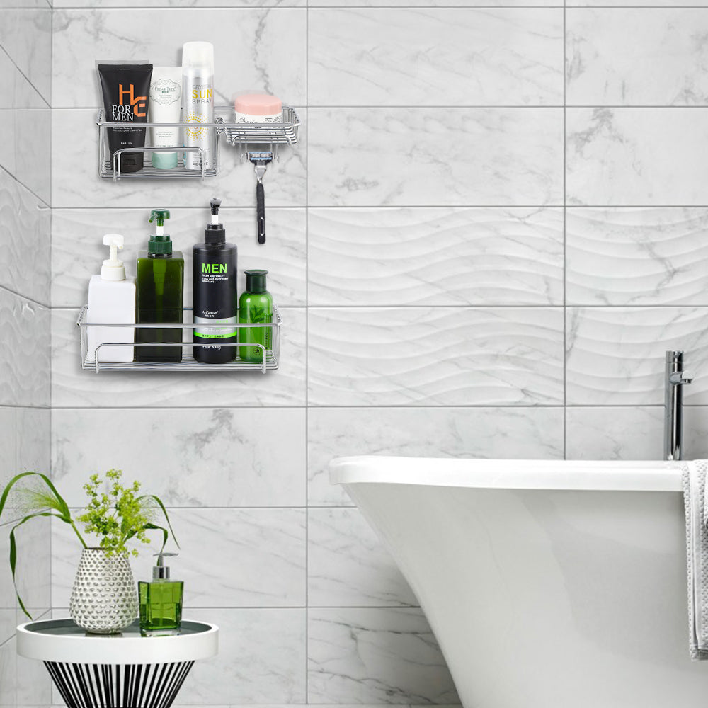 2-Pack Wall Mount No Drill Shower Caddy with Hooks - Space Saving Bathroom Organizer for Shampoo Conditioner and Bath Essentials