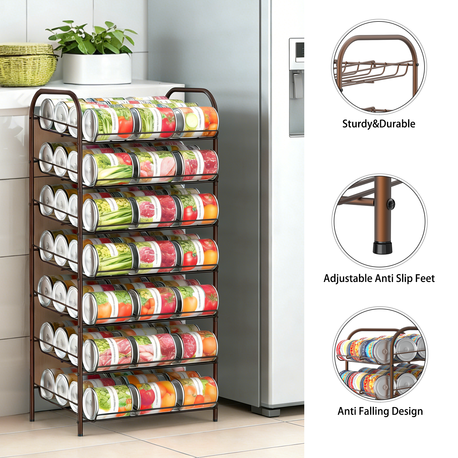 7-Tier Can Dispenser Rack - Rustic Brown Pantry Organizer Holds up to 84 Cans