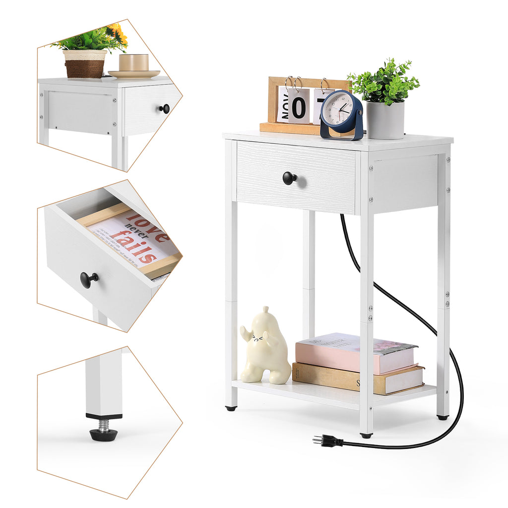 Set of 2 White Nightstands with Charging Station, End Tables with Drawer, USB Ports & Storage Shelf for Bedroom, Living Room, Small Spaces