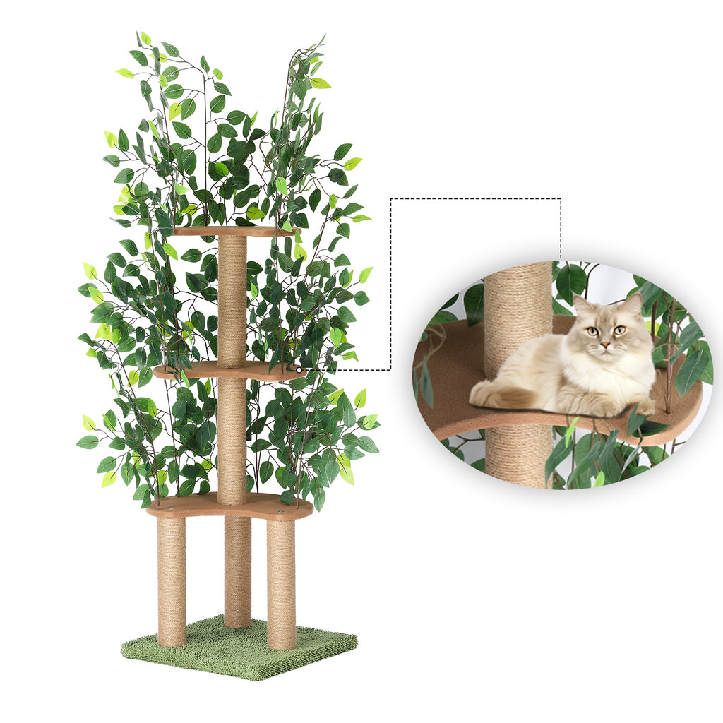 Modern Cat Tree with Artificial Leaves - Multi-Level Cat Tower with Scratching Posts & Hiding Spots