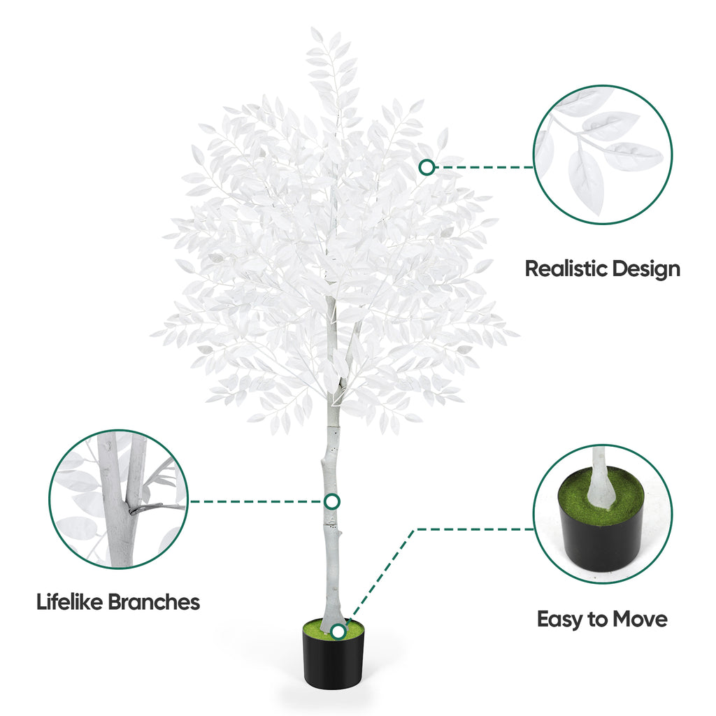 6ft Artificial Ficus Tree with White Silk Leaves, Tall Unique White Faux Plant in Pot for Modern Wedding & Home Office Decor