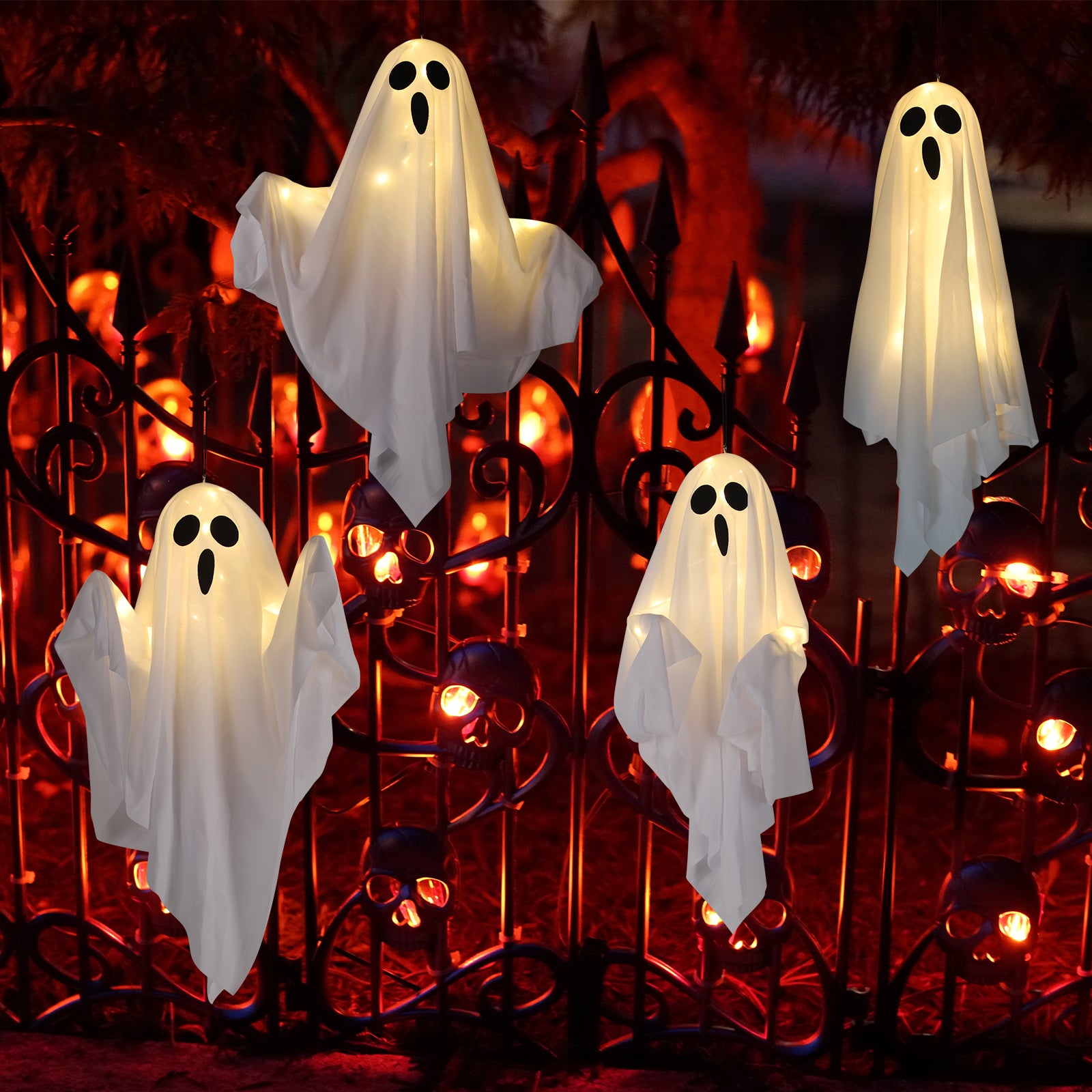 Halloween Hanging Ghost Decorations, Light Up White Ghost with Warm LED Lights, Spooky Hanging Ghost Ornaments for Indoor/Outdoor Yard, Porch, Tree Party Decor, 19.6in