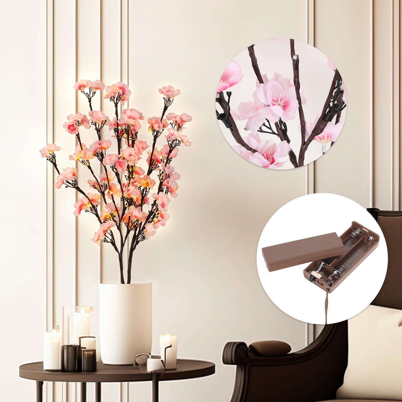 2-Pack LED Simulated Plum Blossom Branch Lights, Battery Operated Floral Lamp, Pink Artificial Flower Night Light for Home, Wedding & Holiday Decor