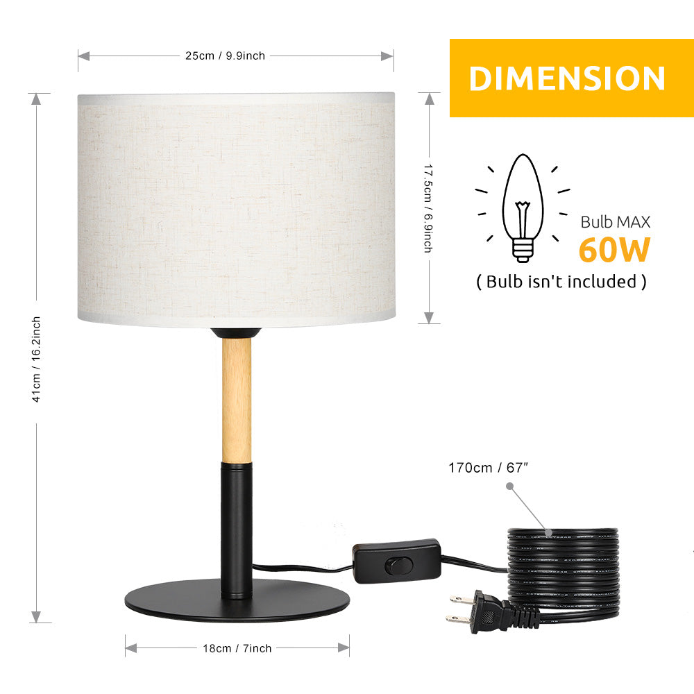 Compact Bedside Lamp with White Fabric Shade, Wood and Black Metal Base, Versatile Desk Light for Bedroom or Home Office