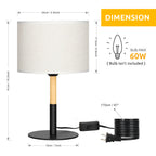 Compact Bedside Lamp with White Fabric Shade, Wood and Black Metal Base, Versatile Desk Light for Bedroom or Home Office
