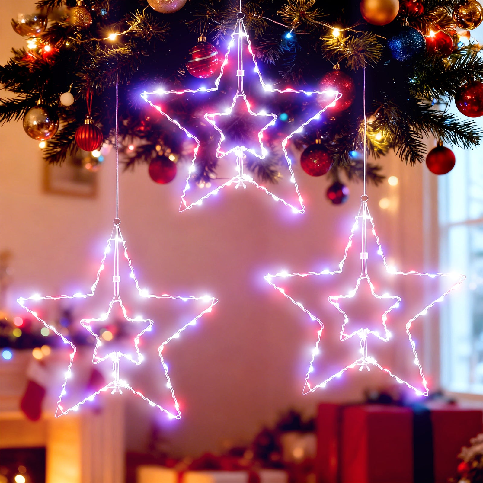 3-Pack Large Hanging Star String Lights, Remote Controlled Multi-Color Window Curtain Lights for Bedroom and Patio,