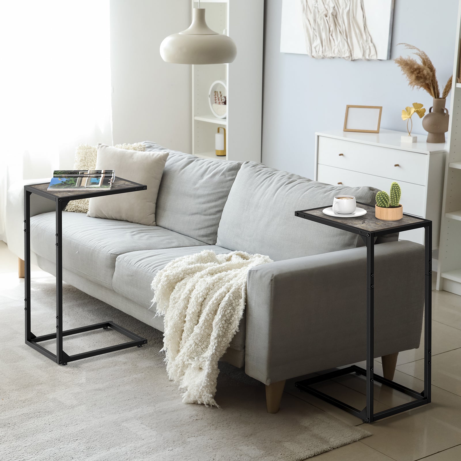C-Shaped End Table, Snack Side Table Slide Under Sofa for Couch & Bed, Space Saving Sofa Table, Modern Gray,