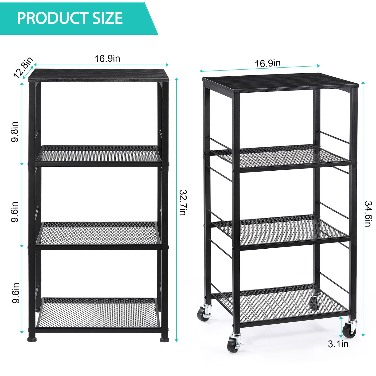 4-Tier Rolling Kitchen Cart with Wood Tabletop, Industrial Microwave Stand on Wheels with 3 Mesh Storage Shelves, Slim Utility Cart & Serving Bar for Small Spaces, Office, Pantry, Bathroom, Black