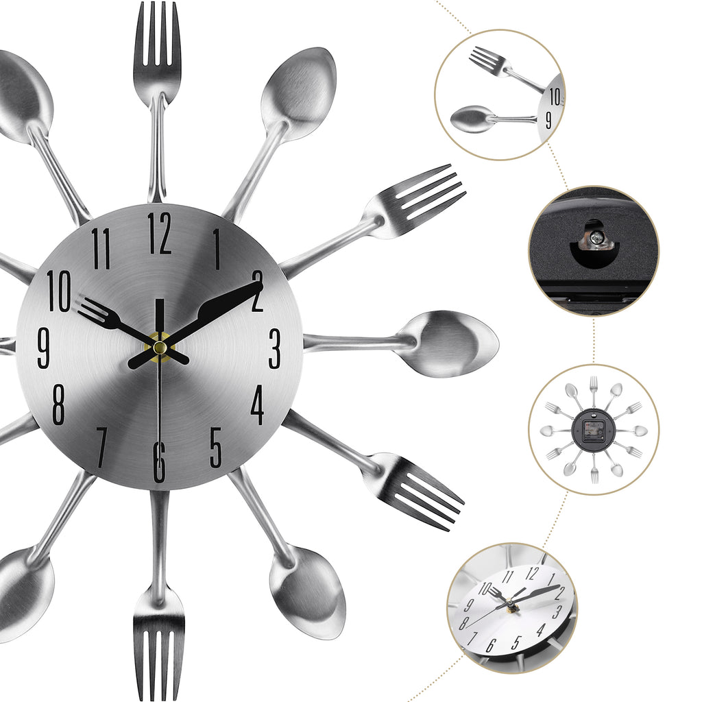 Modern 3D Spoon and Fork Kitchen Wall Clock, Stainless Steel Silver Mirror Finish Cutlery Art for Dining