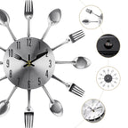 Modern 3D Spoon and Fork Kitchen Wall Clock, Stainless Steel Silver Mirror Finish Cutlery Art for Dining