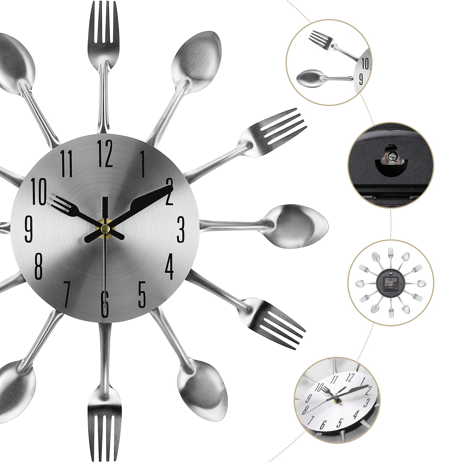 Modern 3D Spoon and Fork Kitchen Wall Clock, Stainless Steel Silver Mirror Finish Cutlery Art for Dining