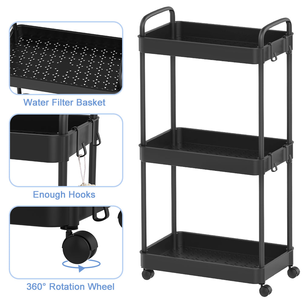 3-layer storage rack - black, three-layer roller cart with wheels and handles. Suitable for offices, living rooms, and laundry rooms.