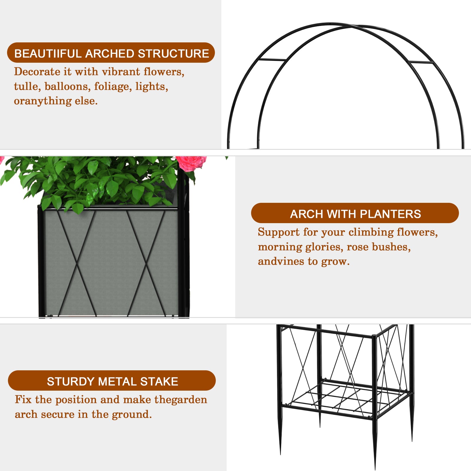 8.2ft Garden Arch Trellis with Dual Built-in Planter Boxes