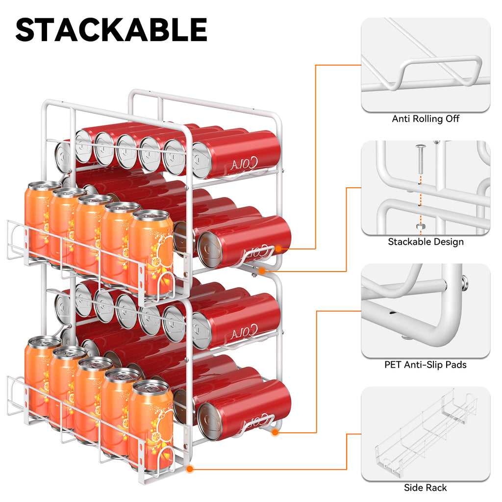 Auto Rolling Stackable Metal Can Dispenser Rack, White 2-Tier Soda Can Storage Organizer, Anti-Roll Design Fits 12oz/16oz Soda, Beer, Sparkling Water for Fridge, Counter, Pantry