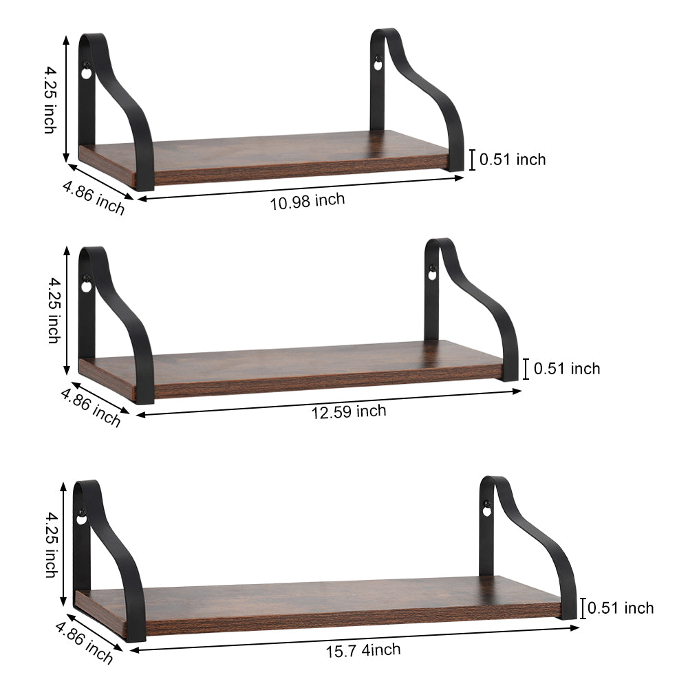 Floating Wall Shelves Set of 3 for Home Decor - Industrial Wood & Metal Hanging Racks for Bedroom & Bathroom