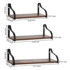 Floating Wall Shelves Set of 3 for Home Decor - Industrial Wood & Metal Hanging Racks for Bedroom & Bathroom