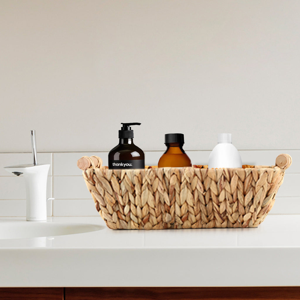 Handwoven Bathroom Storage Baskets with Wood Handles, Natural Water Hyacinth Organizer for Shelves, Closet, and Bedroom,