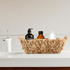 Handwoven Bathroom Storage Baskets with Wood Handles, Natural Water Hyacinth Organizer for Shelves, Closet, and Bedroom,