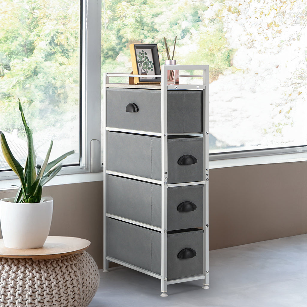 Vertical 4-Drawer Fabric Storage Tower - Slim Compact Dresser with Wood Top for Laundry Room, Living Area, and Small Entryway Gaps (White and Light Grey)