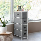 Vertical 4-Drawer Fabric Storage Tower - Slim Compact Dresser with Wood Top for Laundry Room, Living Area, and Small Entryway Gaps (White and Light Grey)
