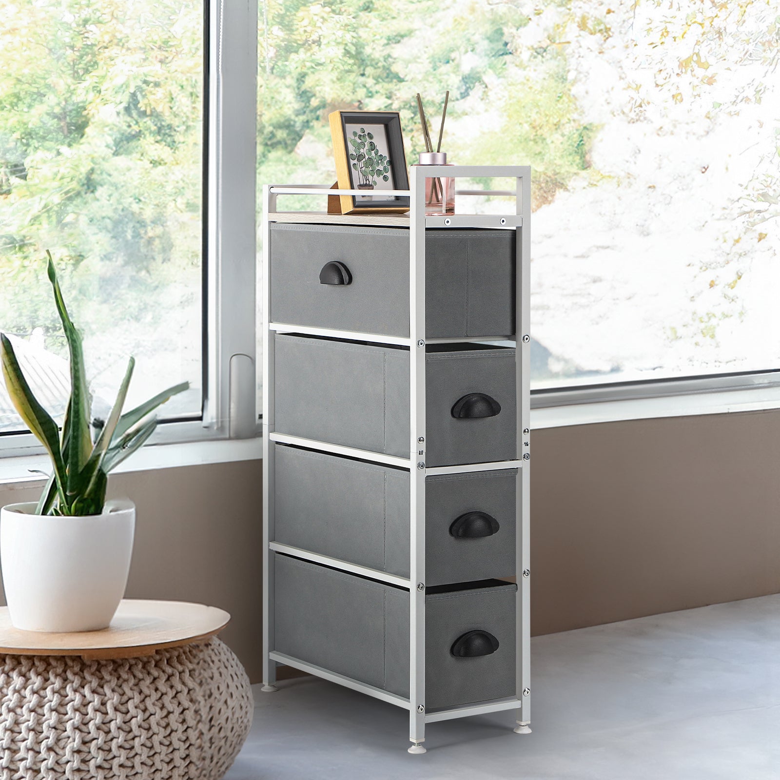 Vertical 4-Drawer Fabric Storage Tower - Slim Compact Dresser with Wood Top for Laundry Room, Living Area, and Small Entryway Gaps (White and Light Grey)