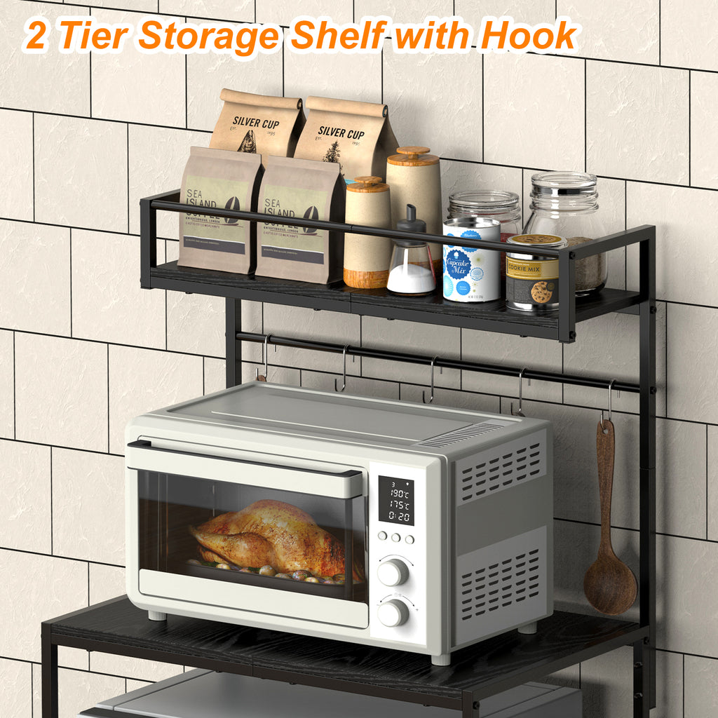 2-Tier Mini Fridge Stand & Microwave Baker's Rack - Multi-Functional Kitchen Storage Organizer with 5 Side Hooks