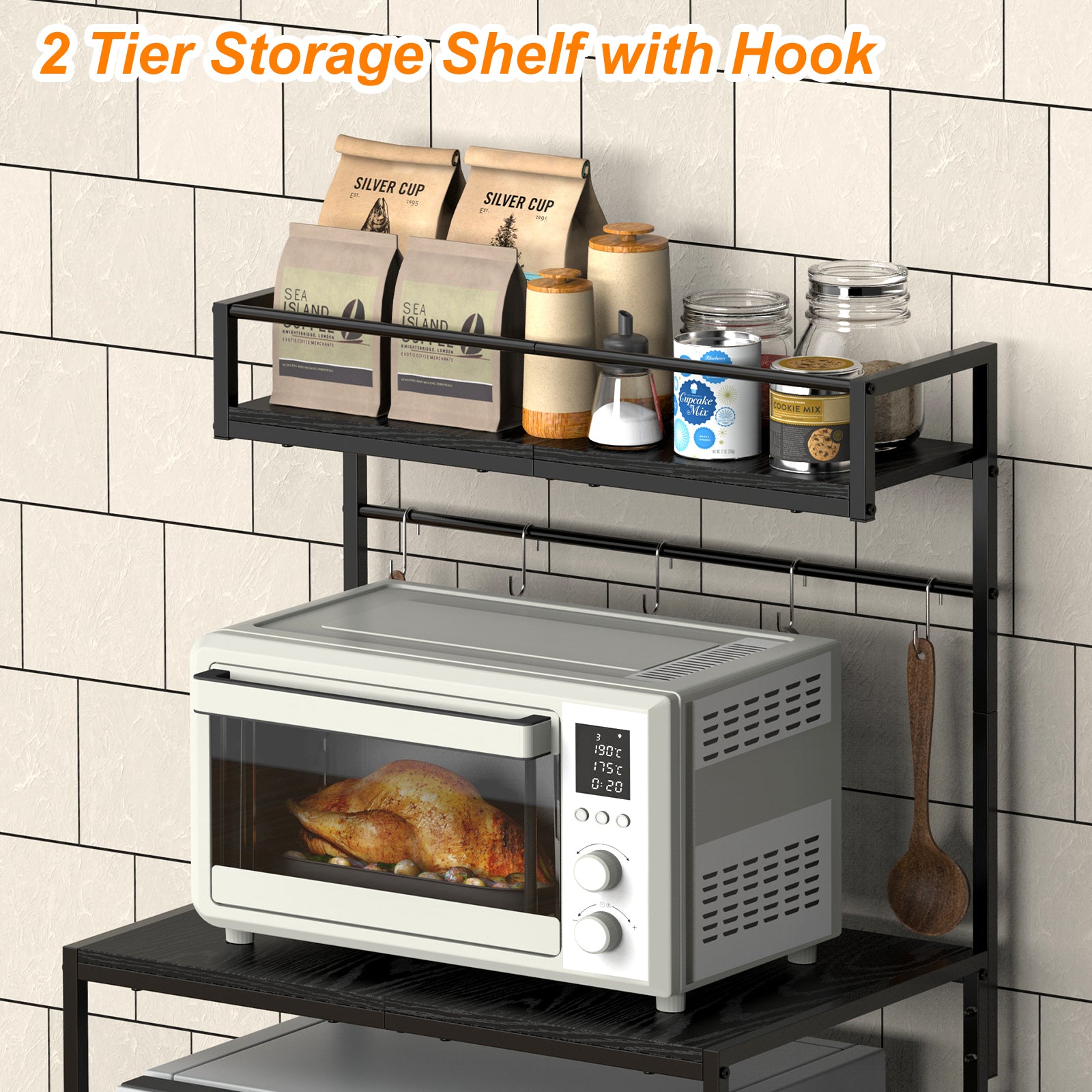 2-Tier Mini Fridge Stand & Microwave Baker's Rack - Multi-Functional Kitchen Storage Organizer with 5 Side Hooks