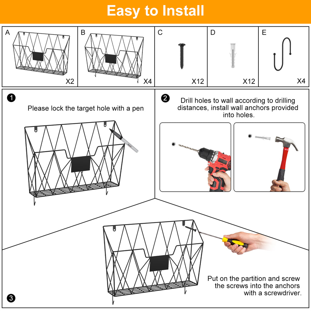 6 Pack Mesh Wall File Organizer - Hanging Wire Magazine Rack & Mail Holder with Hooks