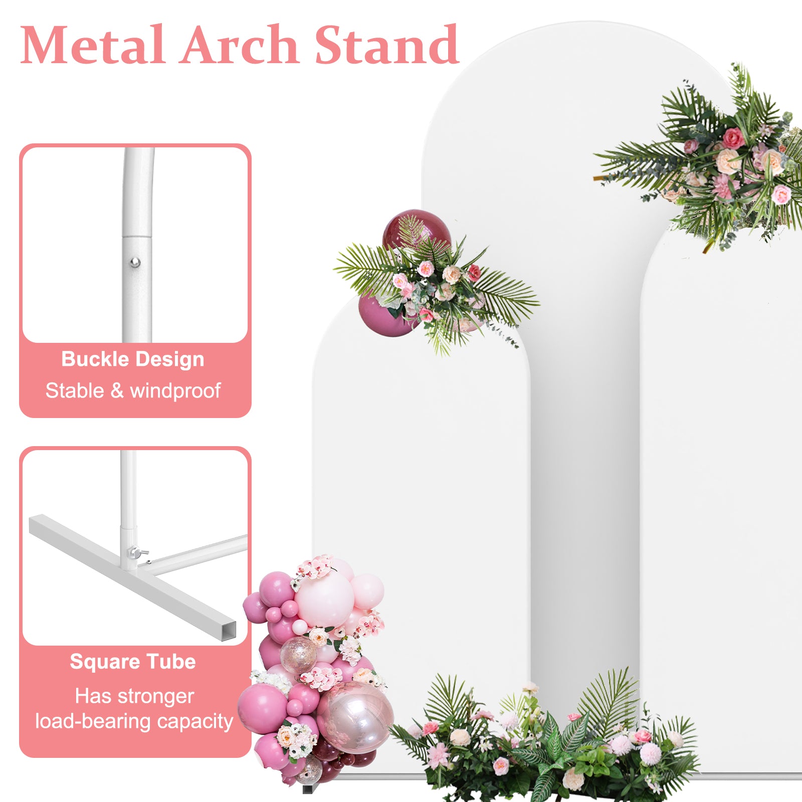 Arch Backdrop Stand and Cover Set 6FT, 5FT, 4FT, Wedding Arches for Ceremony Party Decoraion, Metal Balloon Party Arch Stand with Cover, for Wedding, Birthday, Bridal Baby Shower Ceremony Decoration
