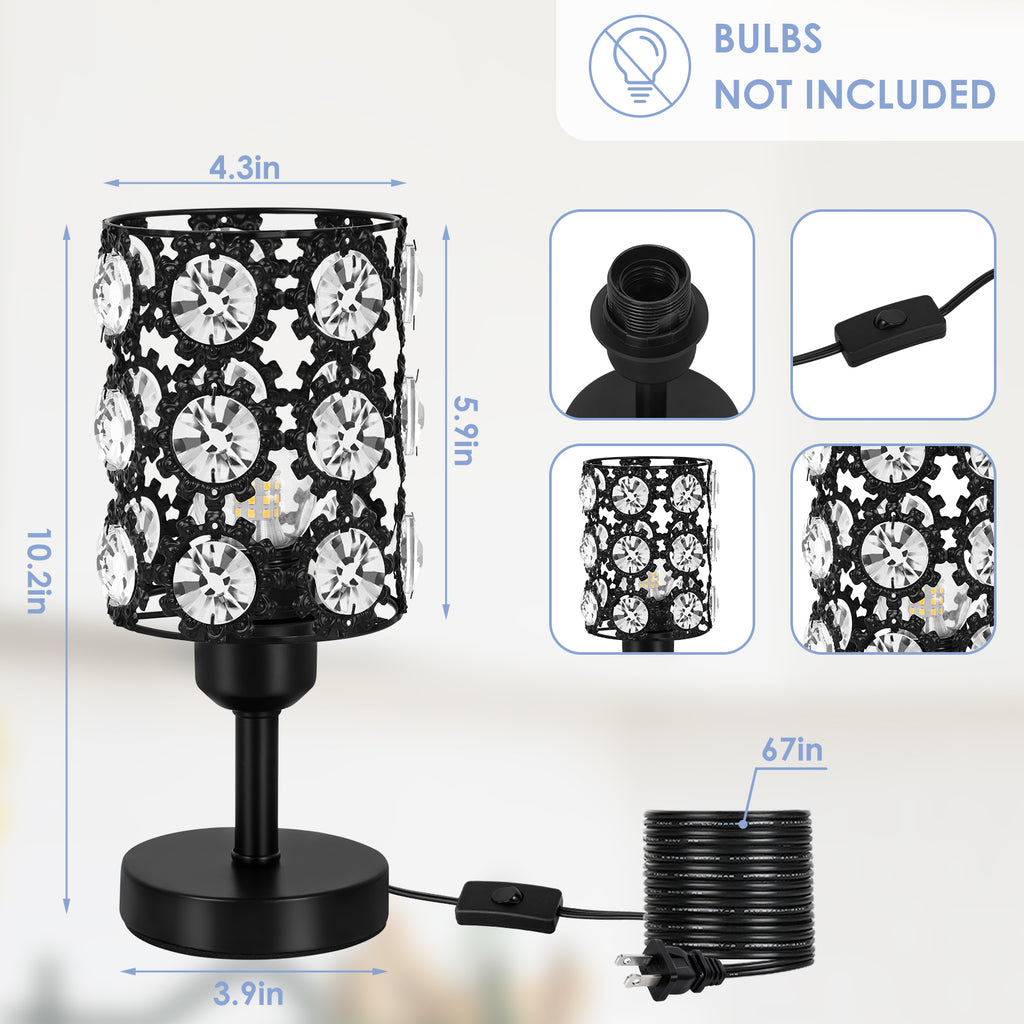 Set of 2 Crystal Bedside Lamp Small Crystal Table Lamp Black Crystal Lamps with Sunflower Diamond for Living Room Bedroom Nightstand Reading Room