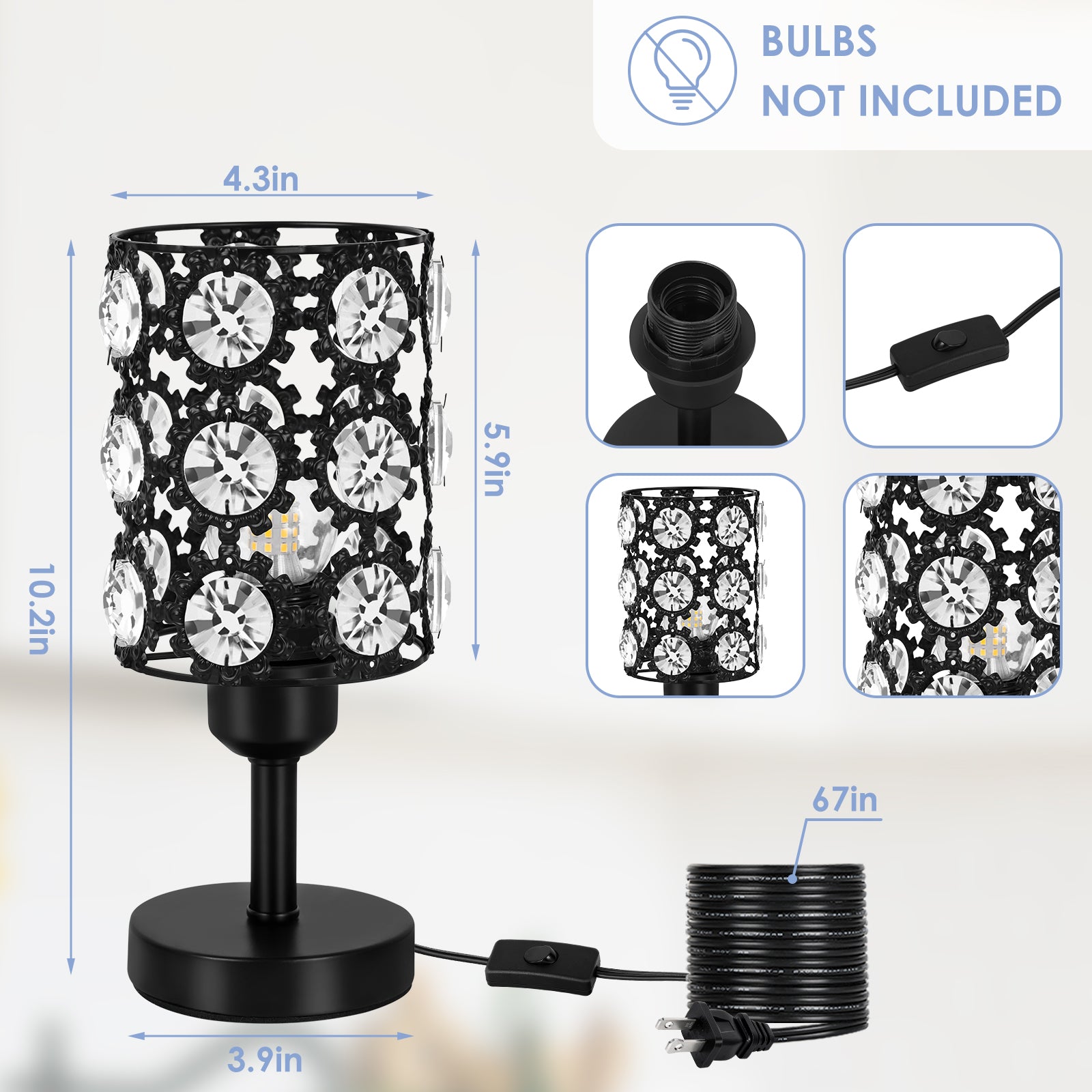 Set of 2 Crystal Bedside Lamp Small Crystal Table Lamp Black Crystal Lamps with Sunflower Diamond for Living Room Bedroom Nightstand Reading Room