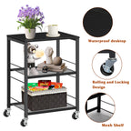 3-Tier Black Rolling Side Table with Wheels, Industrial End Table with Storage Shelves, Mobile Nightstand for Small Spaces, Bedroom, Living Room, Kitchen & Office