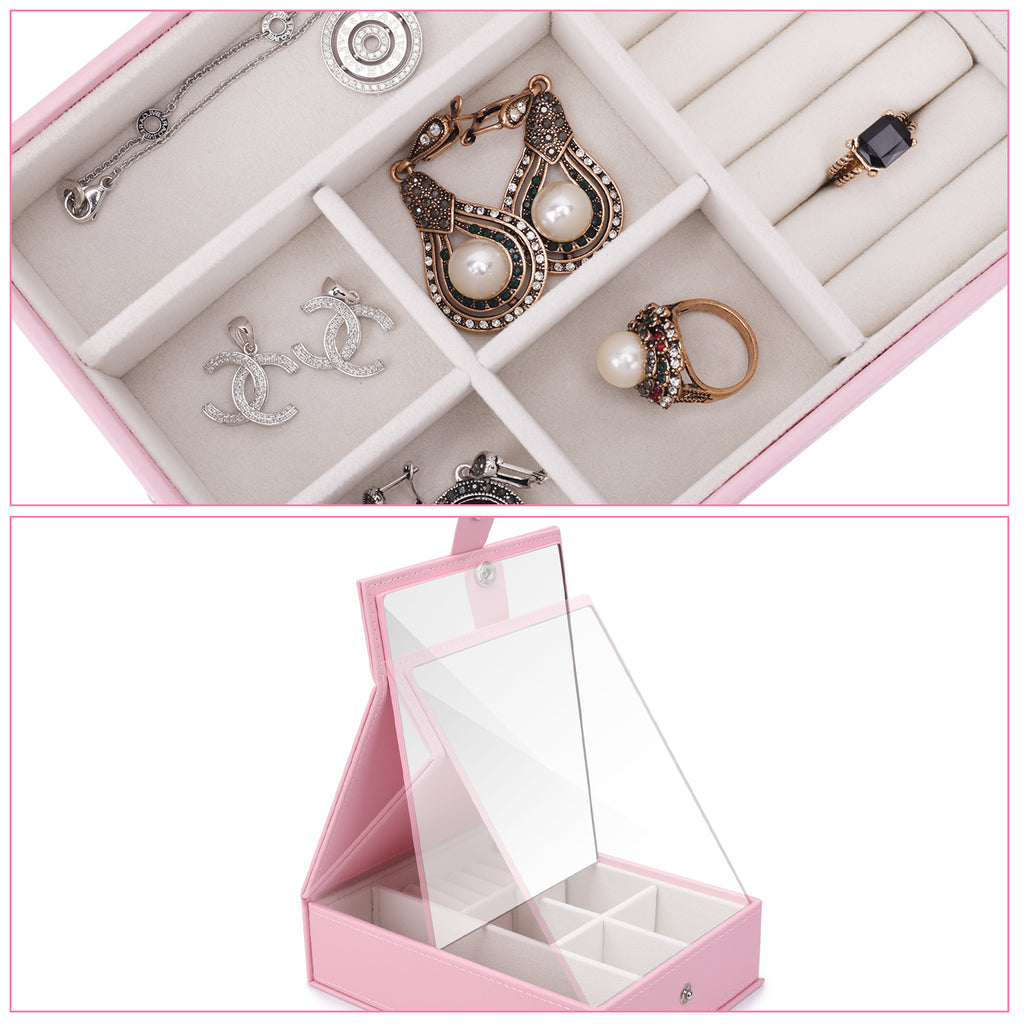 Pink PU Leather Jewelry Organizer with Built-in Mirror - Stylish Countertop Display Box for Vanity