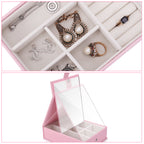 Pink PU Leather Jewelry Organizer with Built-in Mirror - Stylish Countertop Display Box for Vanity