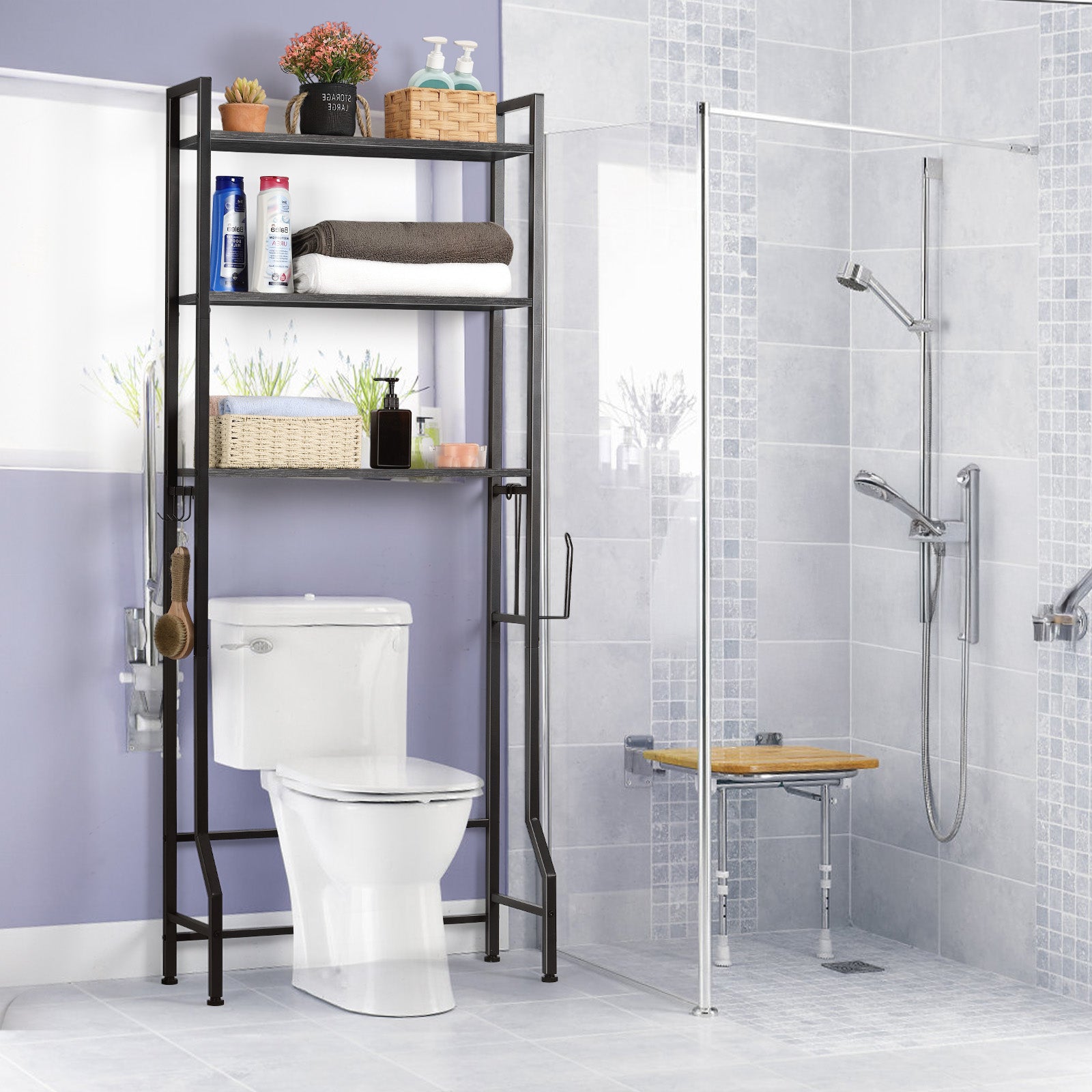 3-Tier Over the Toilet Storage Rack - Space-Saving Bathroom Organizer with Toilet Paper Holder & Hooks,