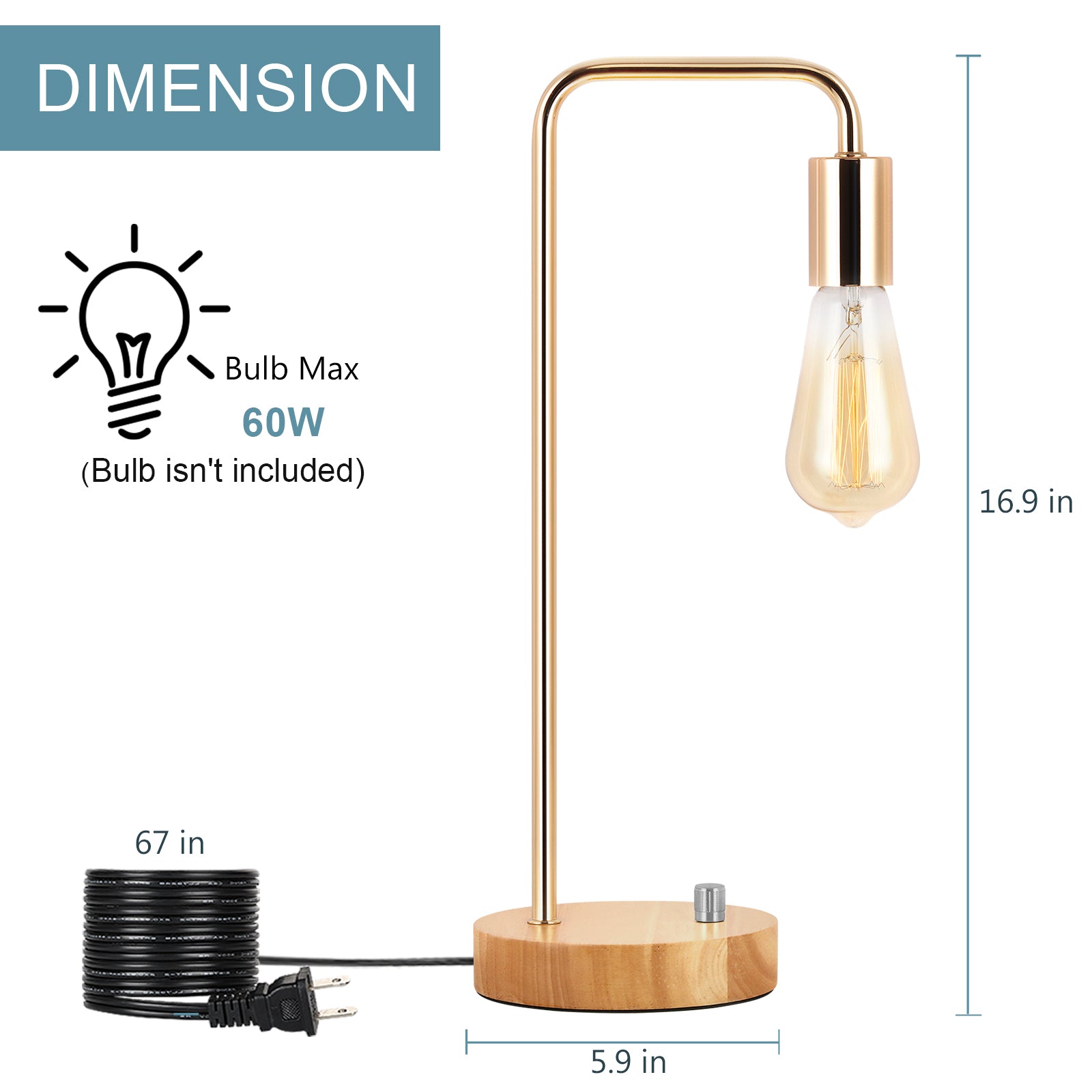 Gold Industrial Pipe Table Lamp Set with Wood Base (Set of 2)， Elegant Steampunk Desk Lights.