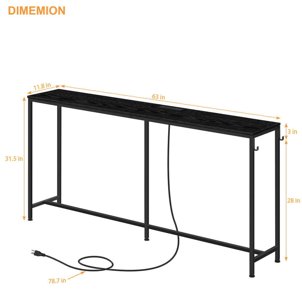 Narrow Entryway Console Table with Power Outlet and USB Ports - Sleek Black Sofa Table with Integrated Charging Station and Utility Hooks for Hallway and Living Room Decor