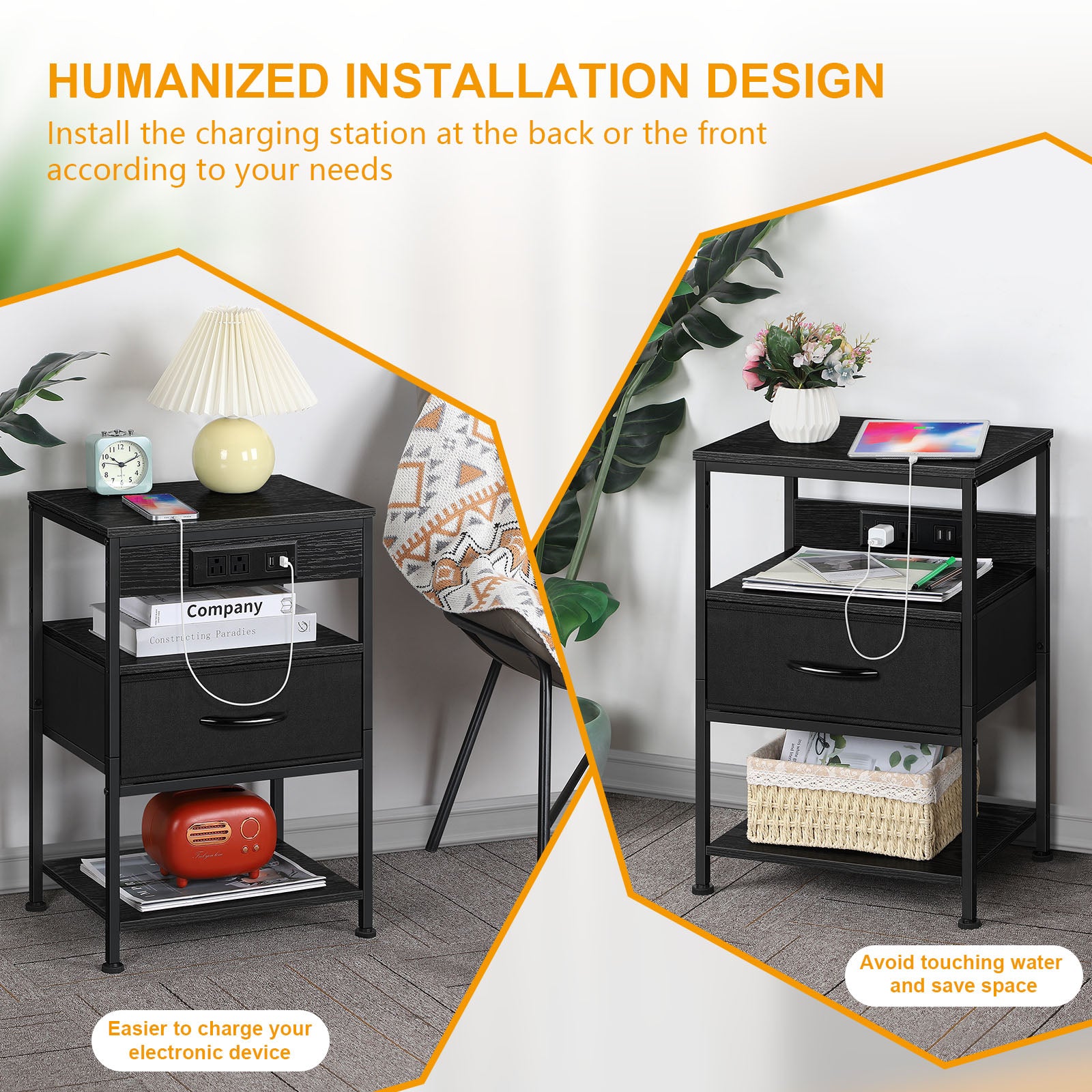 3-Tier Nightstand with Charging Station (2-Pack) - Modern Black End Tables for Bedroom, Dorm & Office
