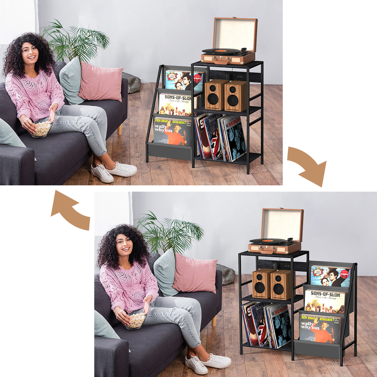 Record Player Table, Turntable Stand with 3-Tier Vinyl Record Storage, Record Player Stand with Charging Station, Vinyl Record Holder Cabinet, End Table Vinyl Records for Living Room, Black