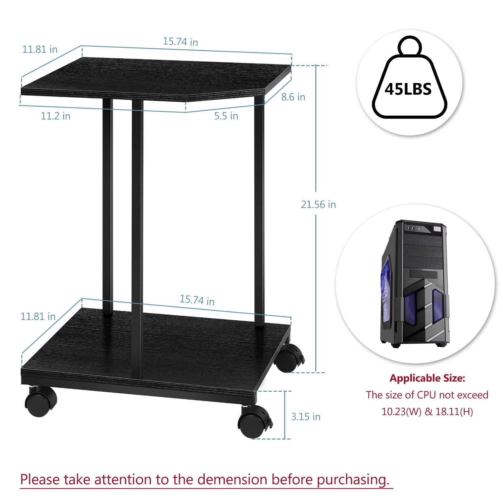 2-Tier Computer Tower Stand with Wheels, Under Desk PC Holder for Large Towers, Rustic Wood Printer Stand Table with Lockable Casters,