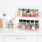 2-Tier Rose Gold Countertop Spice Rack Organizer - Elegant Metal Kitchen Storage Shelf for Jars and Bottles