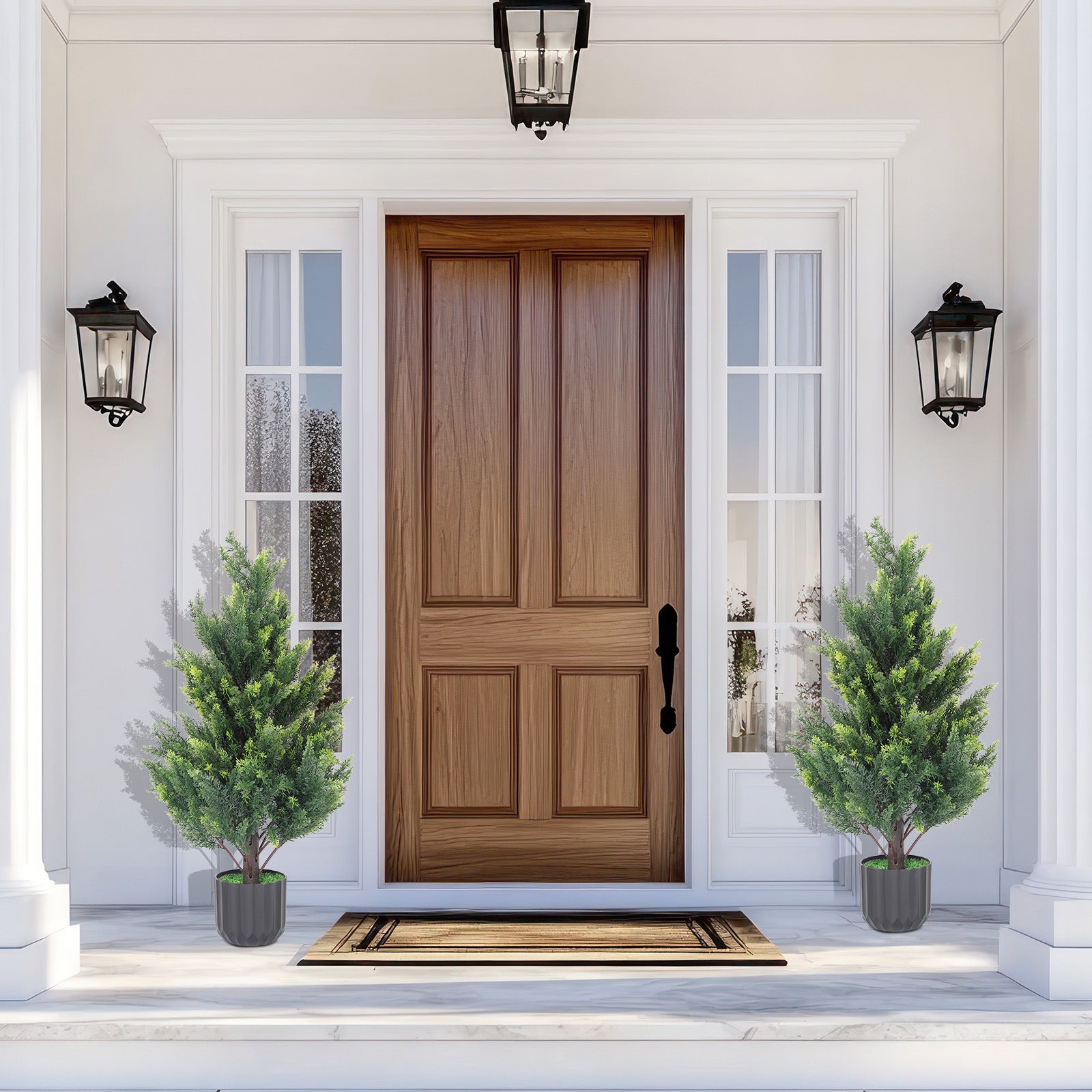 2-Pack 3Ft Artificial Cedar Topiary Trees, Faux Outdoor Cedar Bush in Decorative Pots for Front Porch and Patio,