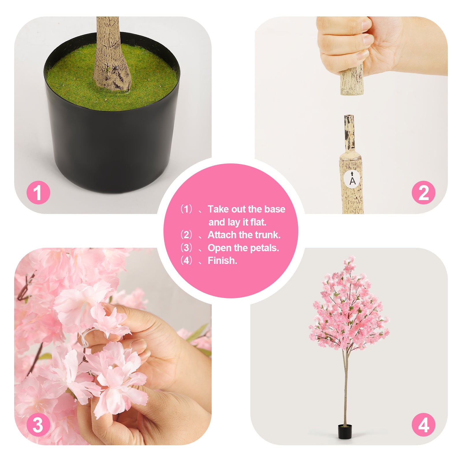 6FT Artificial Cherry Blossom Tree, Lifelike Pink Silk Faux Sakura Tree with Moss Covered Plastic Planter Pot, No Maintenance Fake Flower Tree Decor for Home Living Room Office Wedding Garden Party Indoor Outdoor