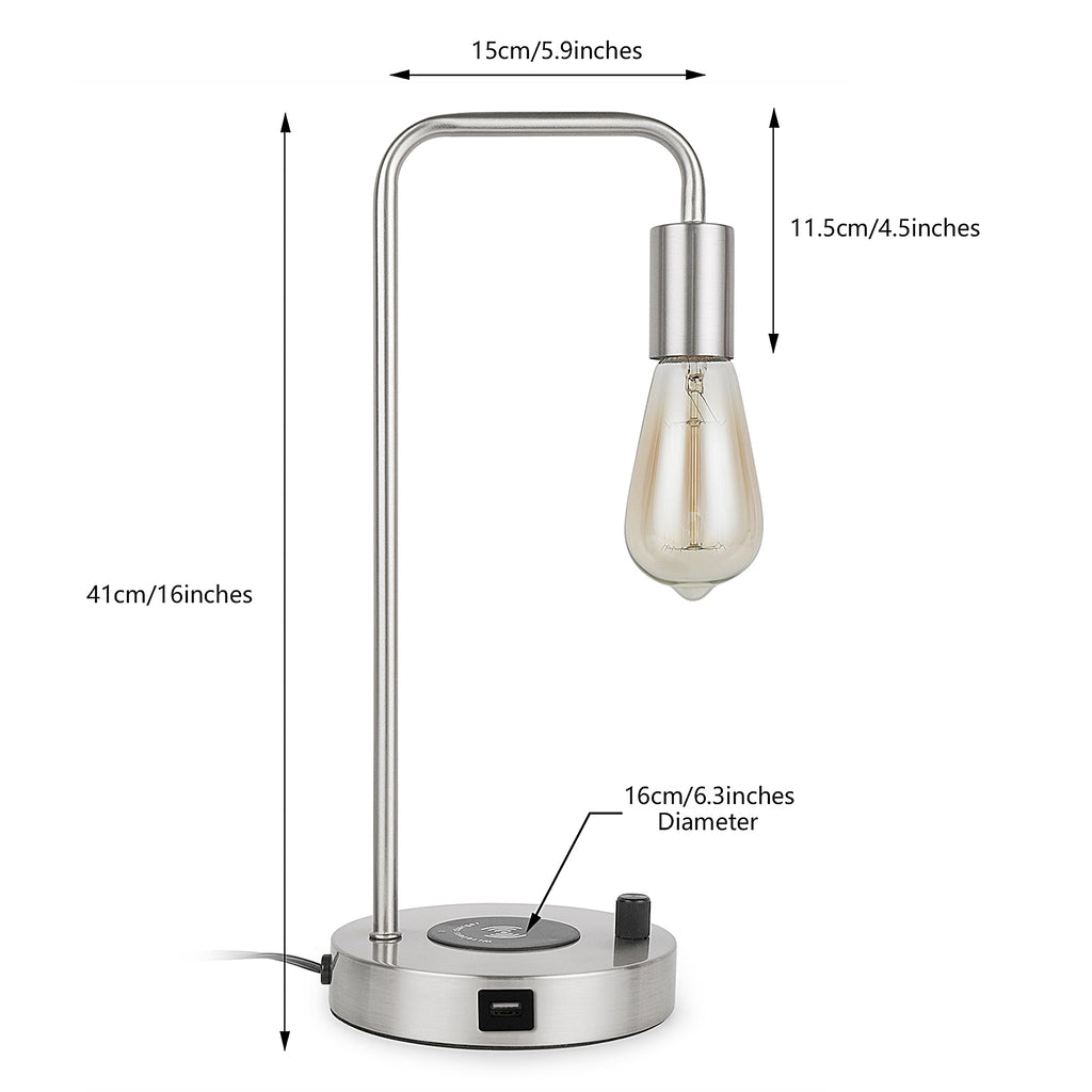 Satin Nickel Nightstand Lamp with Integrated Wireless Charging Station and USB Port, Edison Style Table Light for Home or Office