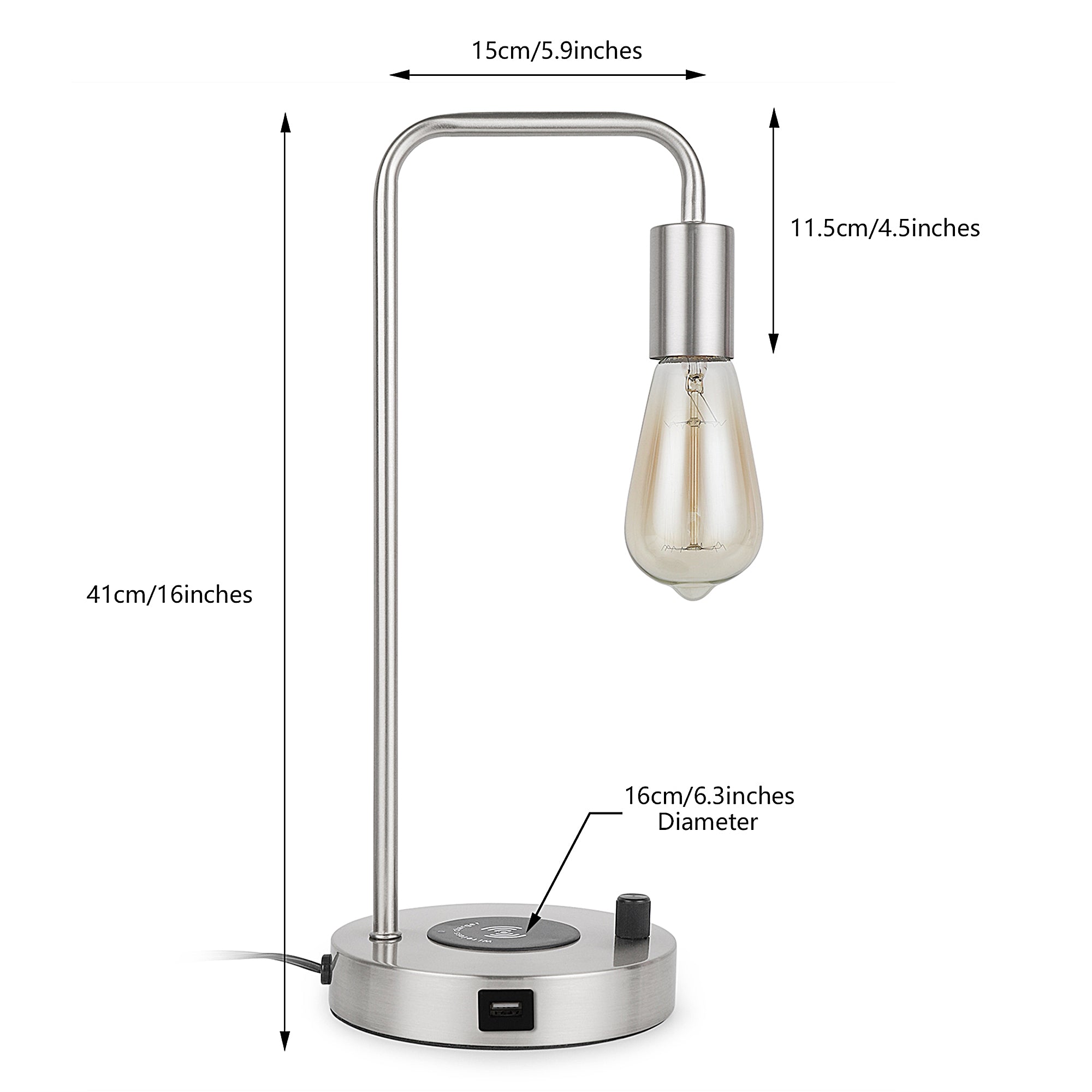 Satin Nickel Nightstand Lamp with Integrated Wireless Charging Station and USB Port, Edison Style Table Light for Home or Office