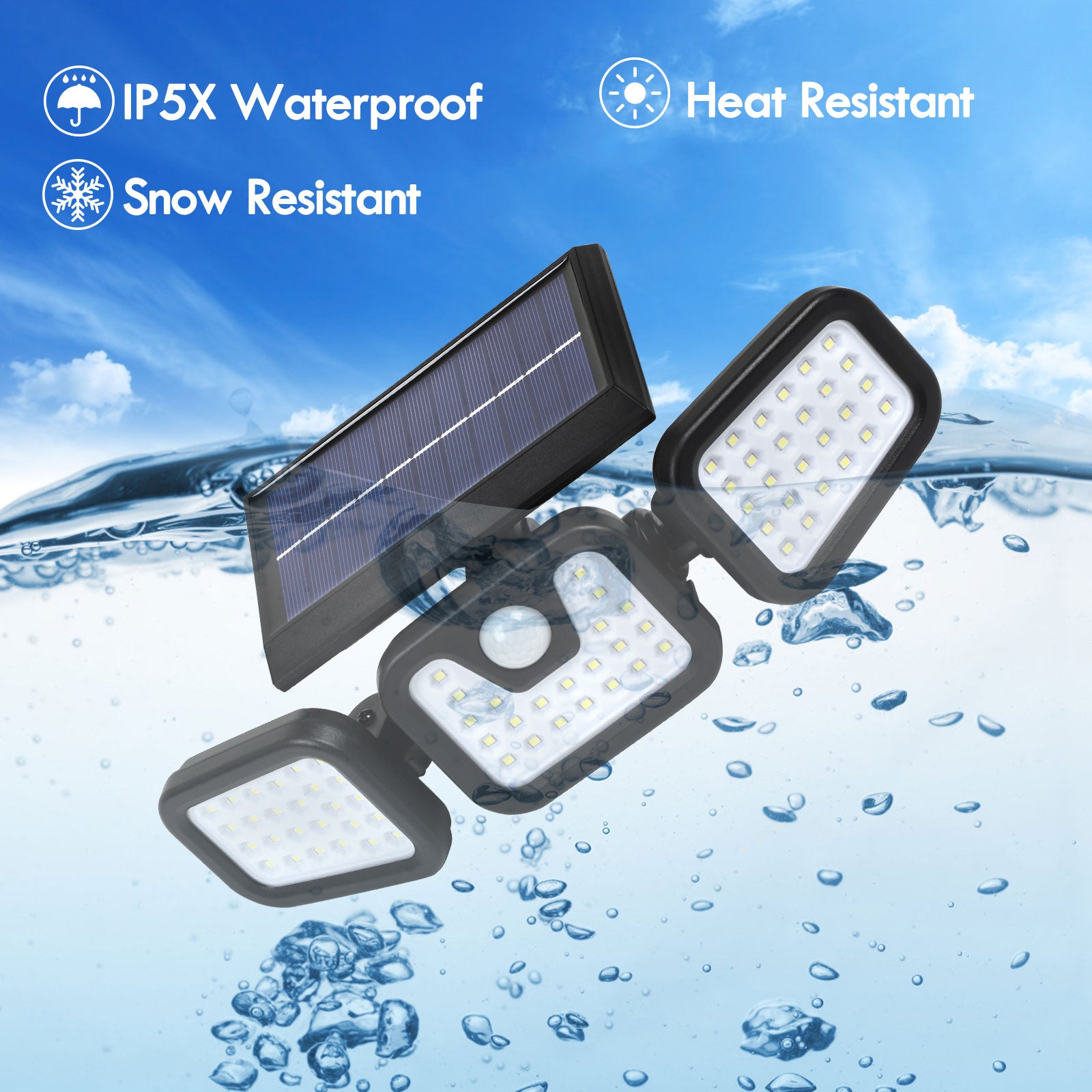 3-Head Solar Motion Sensor Lights Outdoor, Foldable & Rotatable LED Security Flood Light with Remote Control