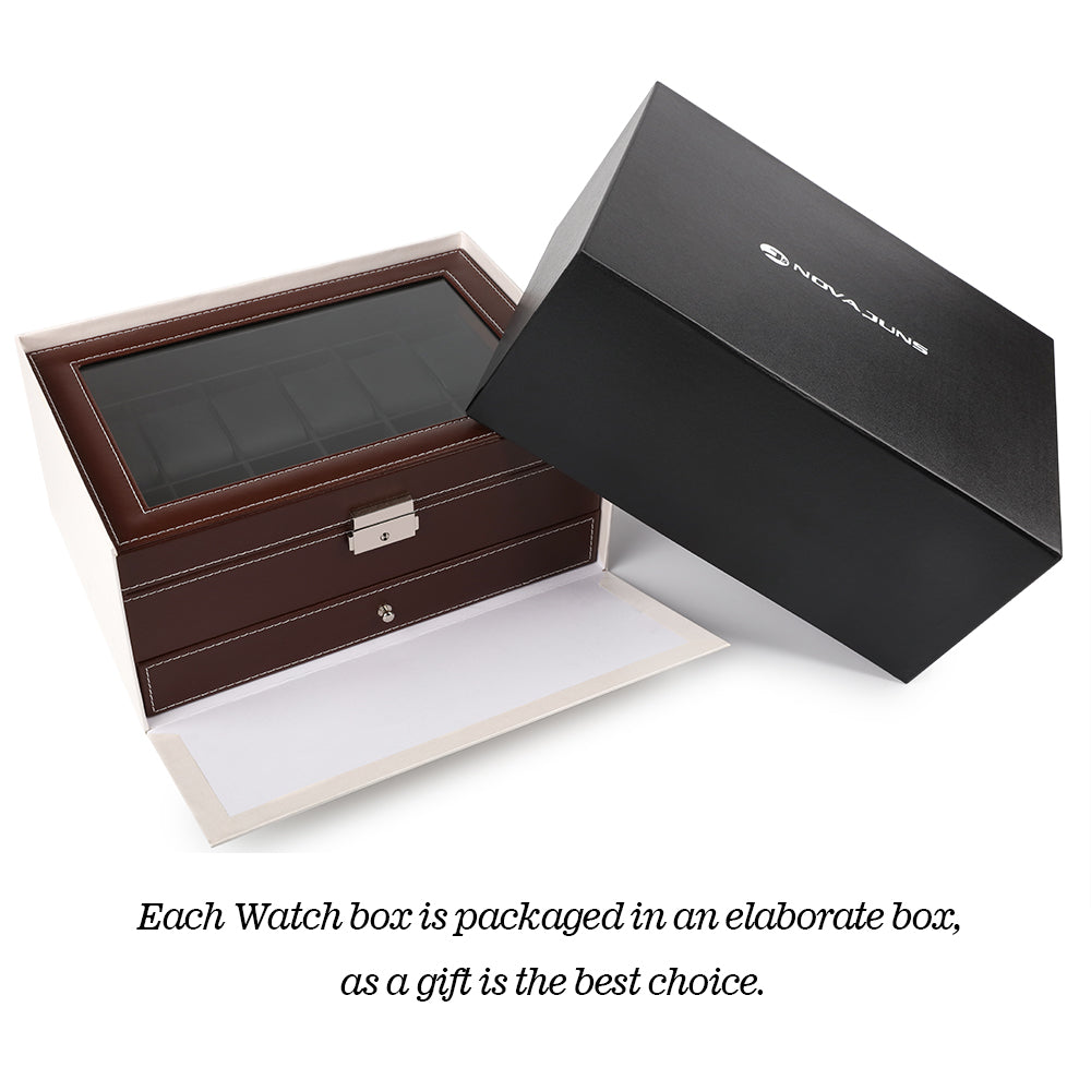 12-Slot Brown PU Leather Watch Box and Jewelry Organizer with Integrated Storage Drawer for Display