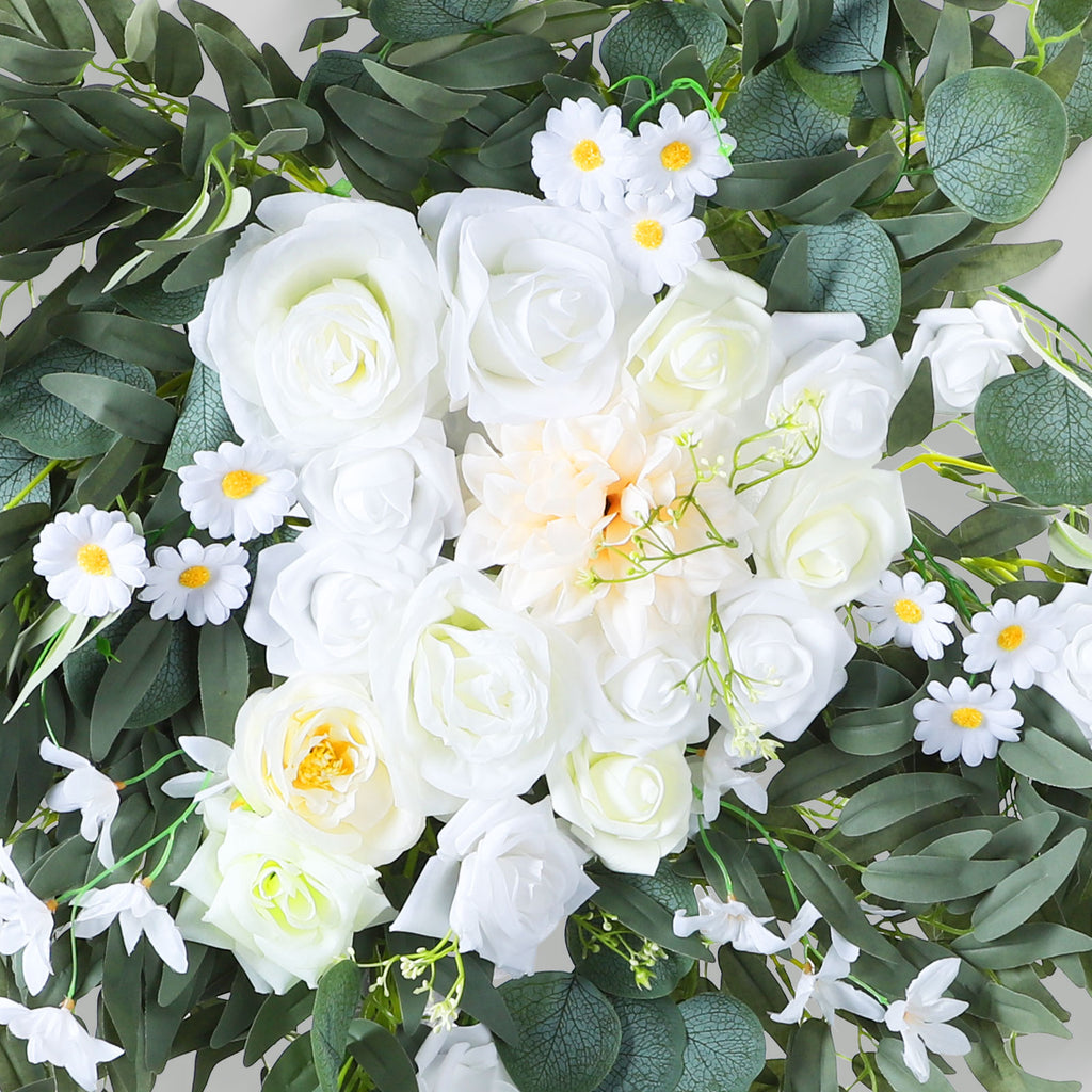 Wedding Arch Draping Fabric 2 Pack White Chiffon with 2 Artificial Flower Bouquets 30in x 26ft Chiffon Backdrop Curtain Outdoor Sheer Drapery for Ceremony Party Ceiling Decoration