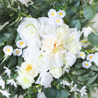 Wedding Arch Draping Fabric 2 Pack White Chiffon with 2 Artificial Flower Bouquets 30in x 26ft Chiffon Backdrop Curtain Outdoor Sheer Drapery for Ceremony Party Ceiling Decoration
