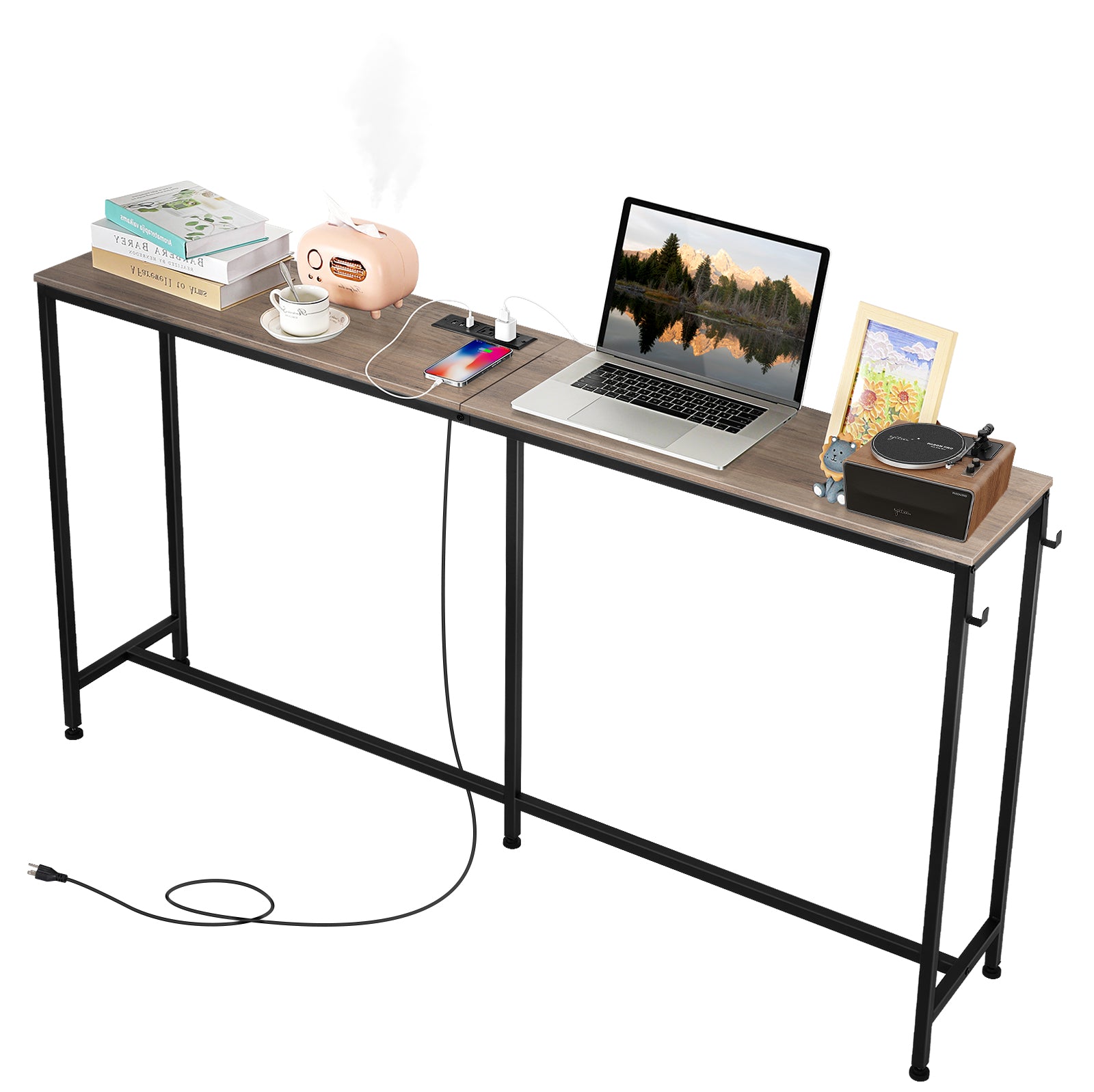 Modern Console Table with Charging Station, Outlet & Hooks - Narrow Long Entryway Table for Living Room, Foyer, Corridor (Skinny Couch Table Behind Sofa)